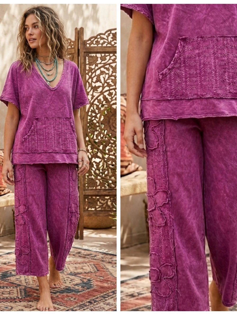 Casual V-Neck Knit Pocket Top & Cropped Pants Set - Magenta